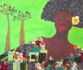 黒人女性と緑の装飾パターンの木 アフリカ